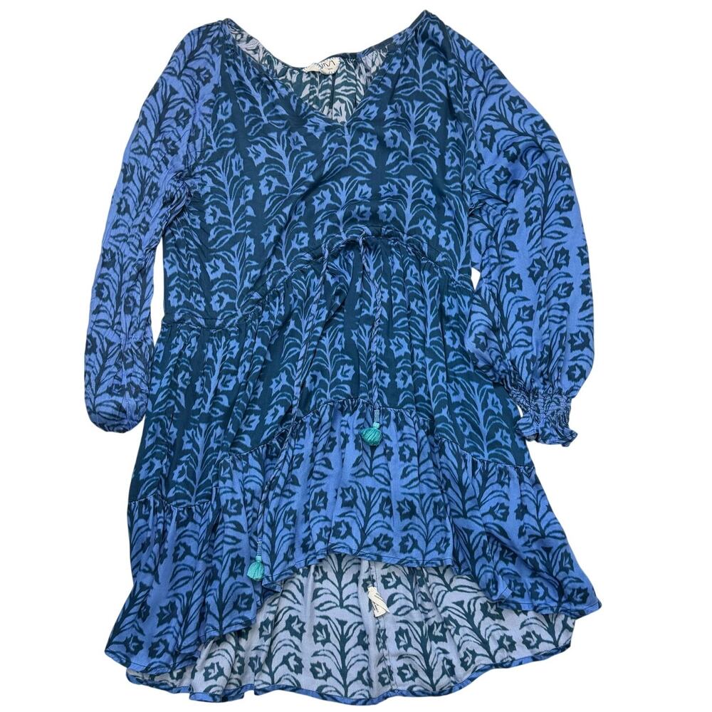 Omika Riviera Mini Dress XL Indigo Blue Print Boho Resort Kaftan Style - Picture 3 of 15